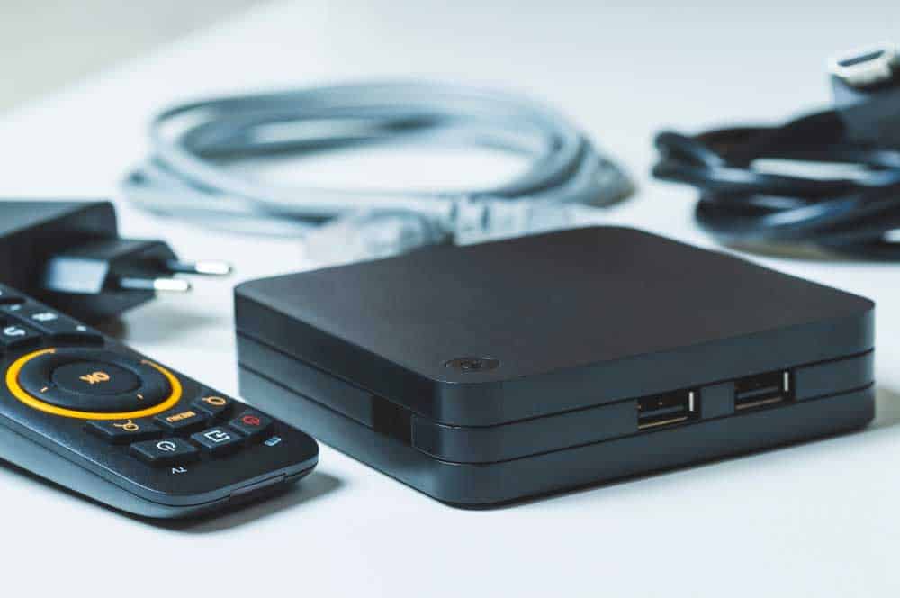 TV box with remote control. 