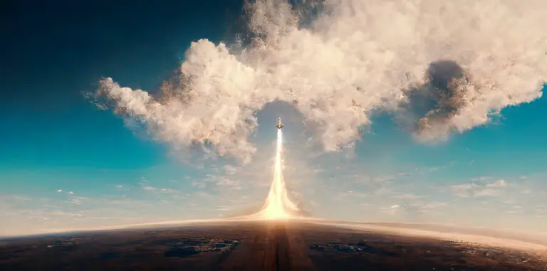 A view of space shuttle liftoff into the sky from far